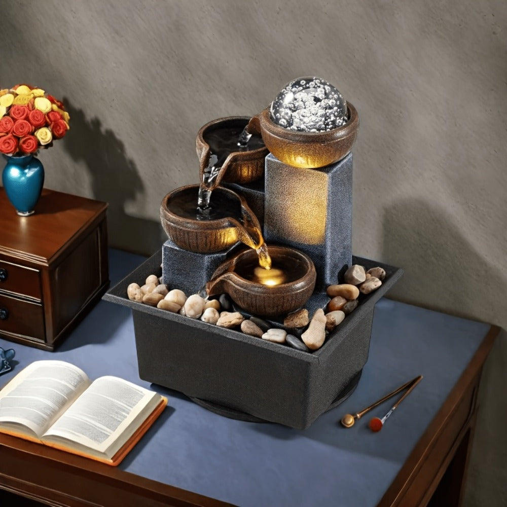 Tabletop Water Fountain Indoor ¨C 4-Level Desktop Waterfall with LED Lights & Natural River Stones, USB Powered Meditation Fountain for Home Office Relaxation, Zen Desk Decor with Bubble Balls