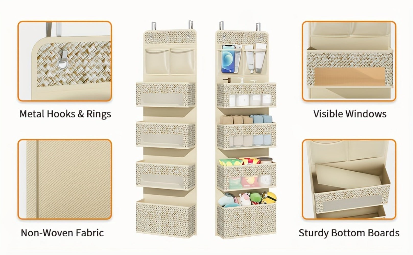 2-Pack Over-The-Door Hanging Organizer with 5 Shelves & 4 Clear Pockets ¨C Beige Rattan Storage Rack for Closet, Bedroom & Bathroom
