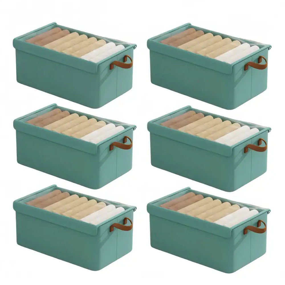 Foldable Clothes Storage Box with Transparent Lid 6-Pack, Stackable Wardrobe Organizer Bins with Steel Frame & Handles, Collapsible Fabric Closet Storage Boxes for Clothing Blankets Sundries, Green Beige Gray