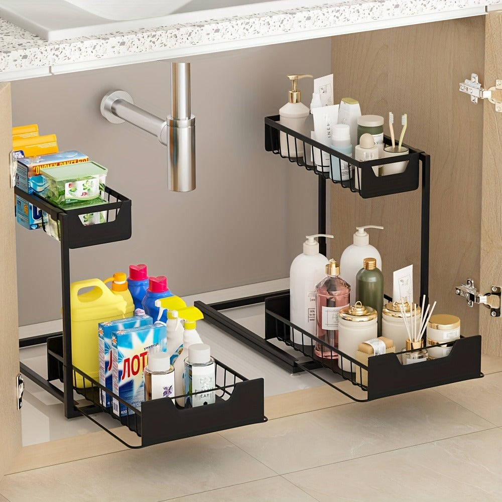 Under Sink Organizer 2-Tier Sliding Pull-Out Metal Rack Cabinet Storage for Kitchen Bathroom Refrigerator Adjustable Shelf Organizer in Black White Gray