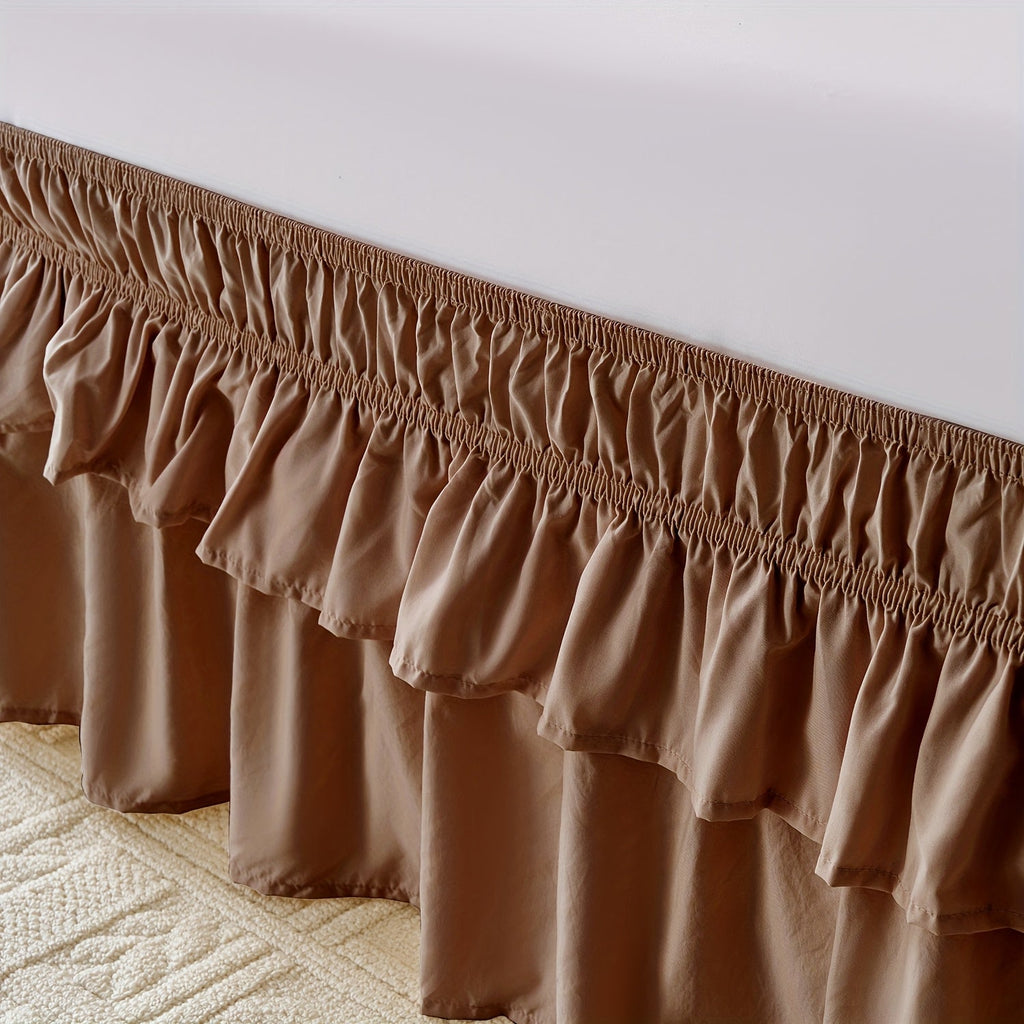 Double Ruffle Bed Skirt 16¡± Drop | Elastic Wrap Around Dust Ruffle for Twin Full Queen King Bed | Easy Install Machine Washable Soft Linen Poly Blend Bedskirt