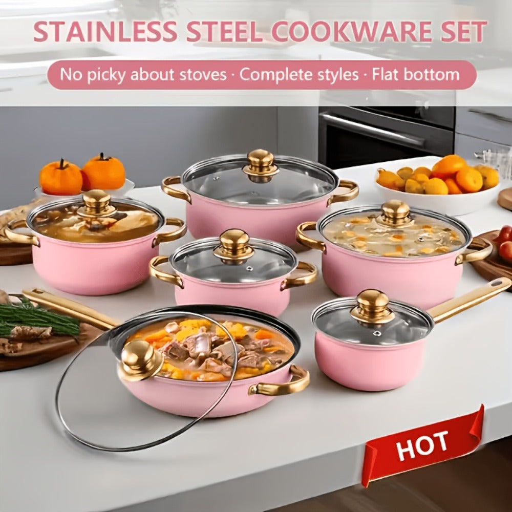 Stainless Steel Non-Stick Cookware Set 10/12pcs, 316 Grade Steel Frying Pan, Stockpot & Milk Pot with Lid, Multi-Functional Kitchen Cooking Set in Gold, Pink & Orange