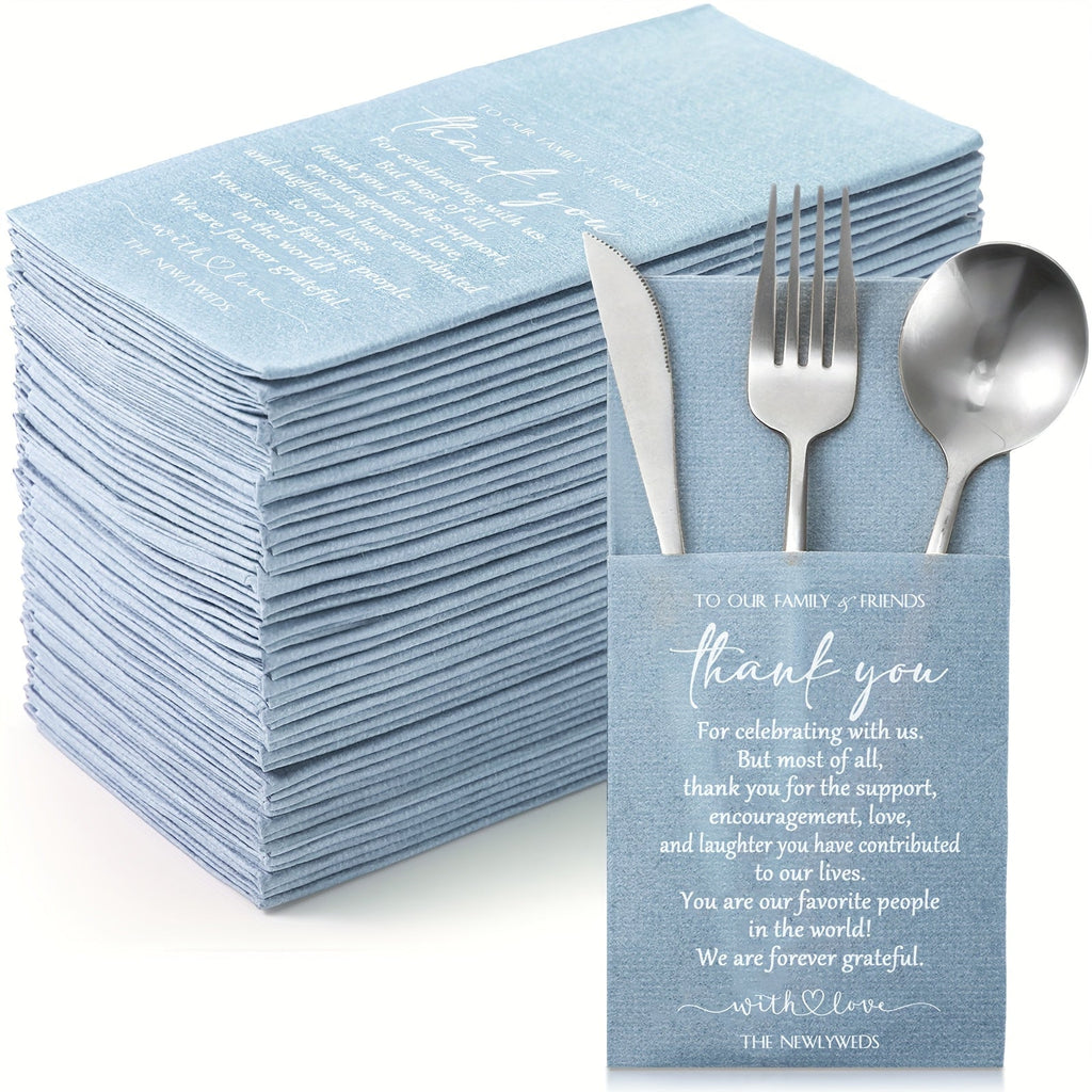 Wedding Cocktail Napkins 100pcs Thank You Napkins with Utensil Pocket Haze Blue Tissue Napkins for Bridal Shower Rehearsal Dinner Reception Party Supplies Newlyweds Guests