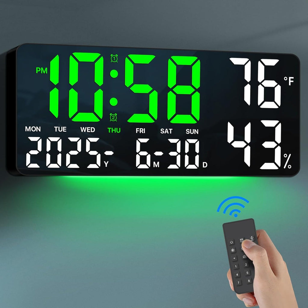 Large Digital Wall Clock with Remote Control ¨C 14.6¡± LED Display Dual Alarm Clock with Night Light, Temperature, Humidity, Date & Week ¨C RGB Color-Changing Bedroom & Living Room Clock Gift for Elderly