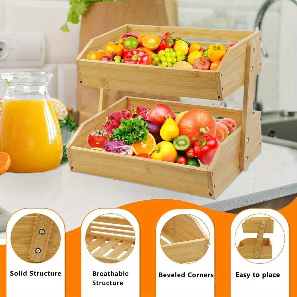 Bamboo Fruit Storage Rack 2-3 Tier with Hooks, Kitchen Counter Organizer for Fruits Vegetables Bread Spices, Freestanding Shelf Basket Display Stand