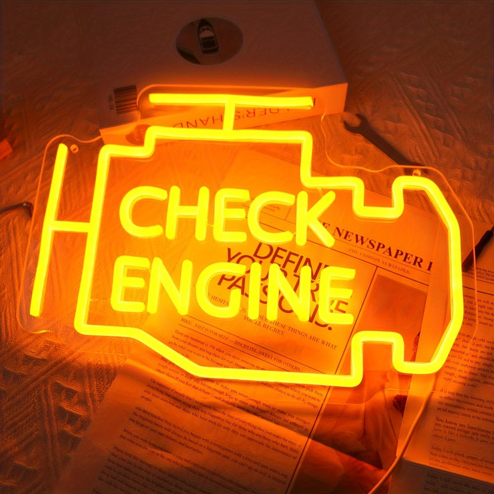 Check Engine Neon Sign ¨C LED Dimmable USB Powered Neon Light for Garage Wall Decor, Car Repair Shop, Workshop, Man Cave, Game Room, Bedroom & Car Party Decorations (Yellow / Multi-Color Options)