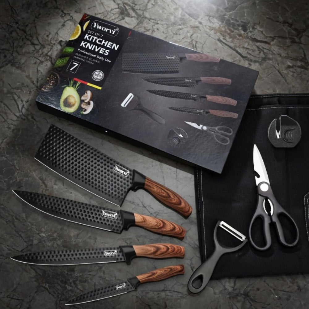 Chef Knife Set 7 Piece High Carbon Stainless Steel Ultra Sharp ¨C Anti-Stick Ergonomic PP Handle, Includes Slicing Knife, Scraper, Scissors & Whetstone, Gift Box for Home, Family & Travel