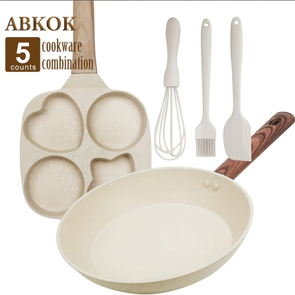 Non-Stick Cookware Set 5-Piece Beige ¨C Pumice Stone Coating Egg Frying Pan Pancake Skillet with Kitchen Utensils | Aluminum Induction Compatible Home Cooking Set for Eggs Pancakes & Breakfast