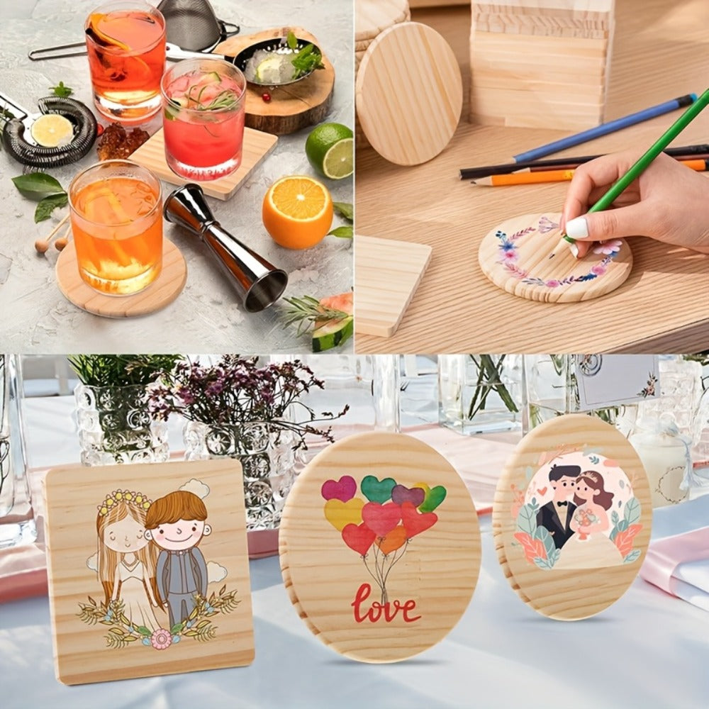 Unfinished Wood Coasters for Crafts 4 Inch Square and Round Wooden Coasters with Non-Slip Pad for DIY Engraving Staining Painting Drinks Coffee Table Home Kitchen 30 or 60pcs