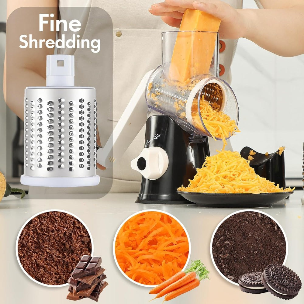 Rotary Cheese Grater ¨C Stainless Steel Hand Crank Shredder with 3 Interchangeable Blades, Non-Slip Suction Base & Cleaning Brush, BPA-Free Vegetable Grater for Cheese, Nuts & Vegetables