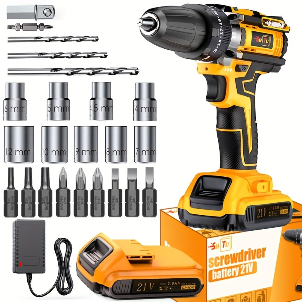 Impact Drill Set 21V Cordless with Drill Bit Accessories, Toolbox & Charger ¨C Heavy Duty Wireless Impact Wrench Drill, 2AH / 4AH Battery Options, for Car Repair, Construction & Heavy-Duty DIY Projects