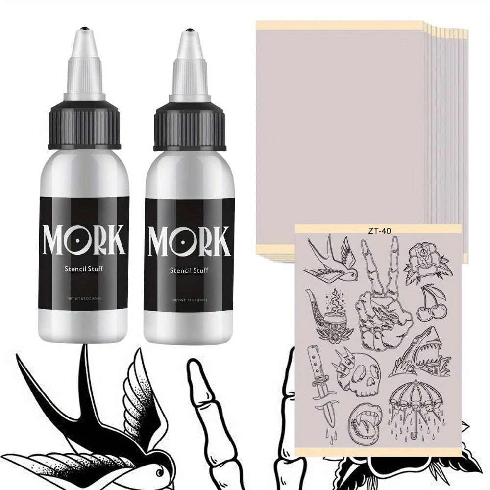 Tattoo Stencil Transfer Kit ¨C 2x Transfer Gel, 10x A4 Blank Thermal Stencil Paper & 1x Pre-Drawn Pattern Sheet ¨C Complete Tattoo Transfer Solution for Artists & Beginners