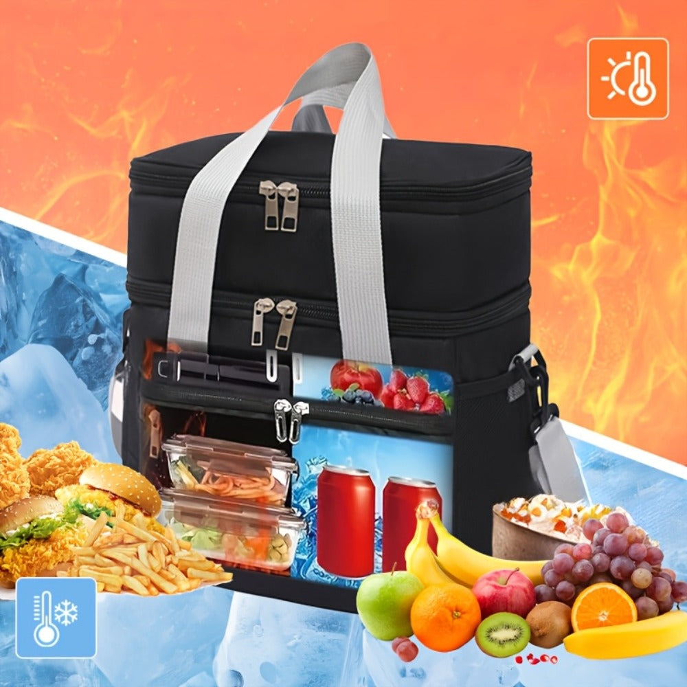 Insulated Lunch Bag Large Double Layer Leakproof Cooler Tote Bag with Adjustable Crossbody Strap for Men Women Office Picnic Travel Camping in Black Grey Burgundy Blue