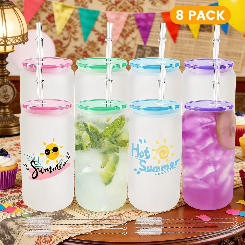 Frosted Sublimation Glass Tumblers 16oz Borosilicate Can Cups with Acrylic Lids ¨C Set of 8 or 12 for Juice, Soda & Iced Coffee