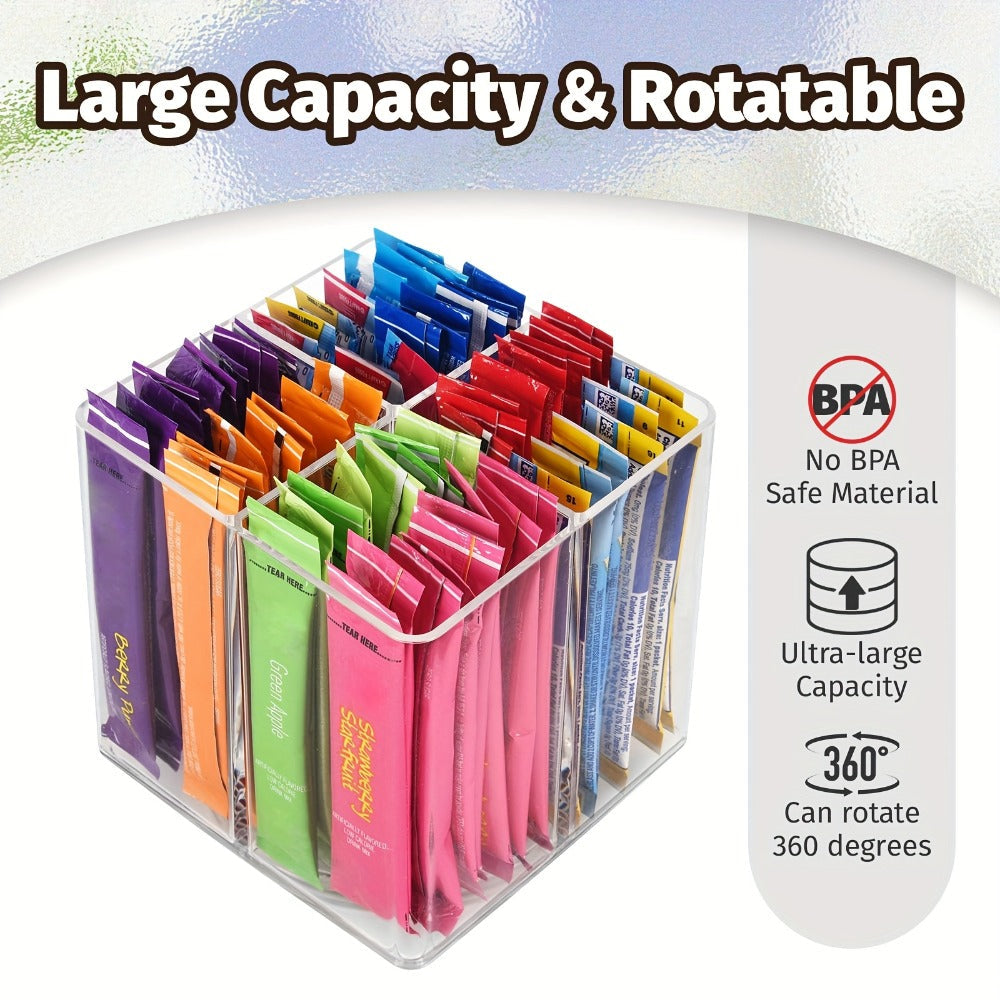 Rotating Countertop Organizer Rack for Drink Mixes, Powder Packets & Beverage Pouches - Square Lazy Susan Storage