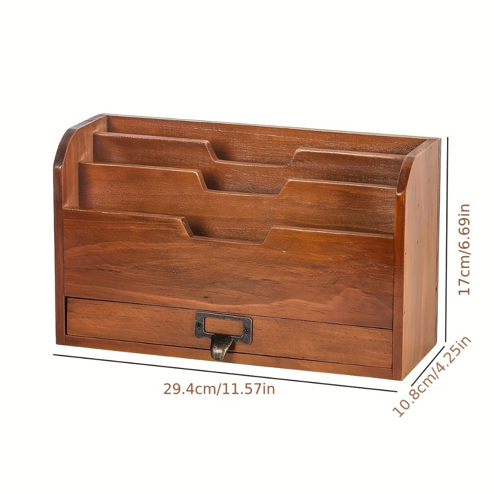 Wooden Desktop File Organizer with Drawer ¨C Multi-Compartment Document Storage Rack for Office, Home & Study ¨C Desk File Folder Holder with Sundries Organizer Shelf for Papers, Books & Supplies