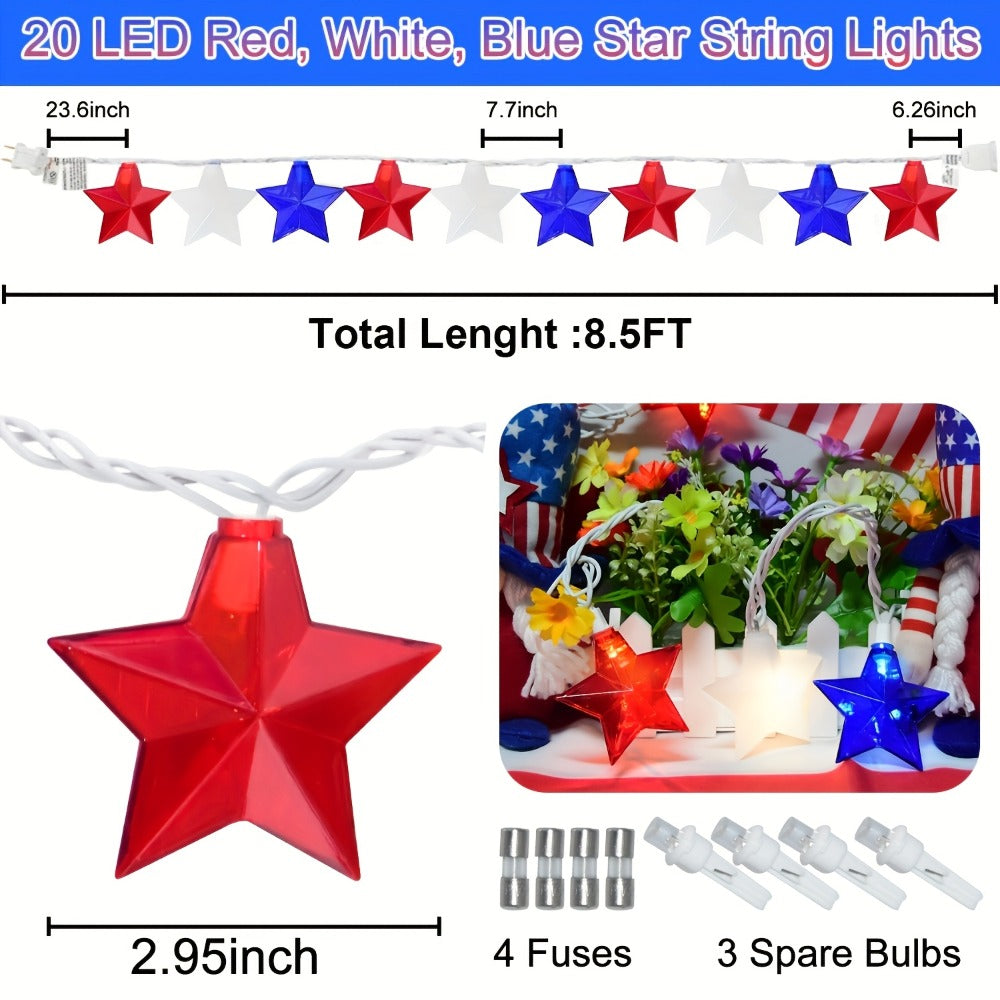 Patriotic Star String Lights July 4th Red White Blue LED Plug-In Indoor Outdoor Decor 8.5FT 12FT Memorial Day Independence Day Party Decoration