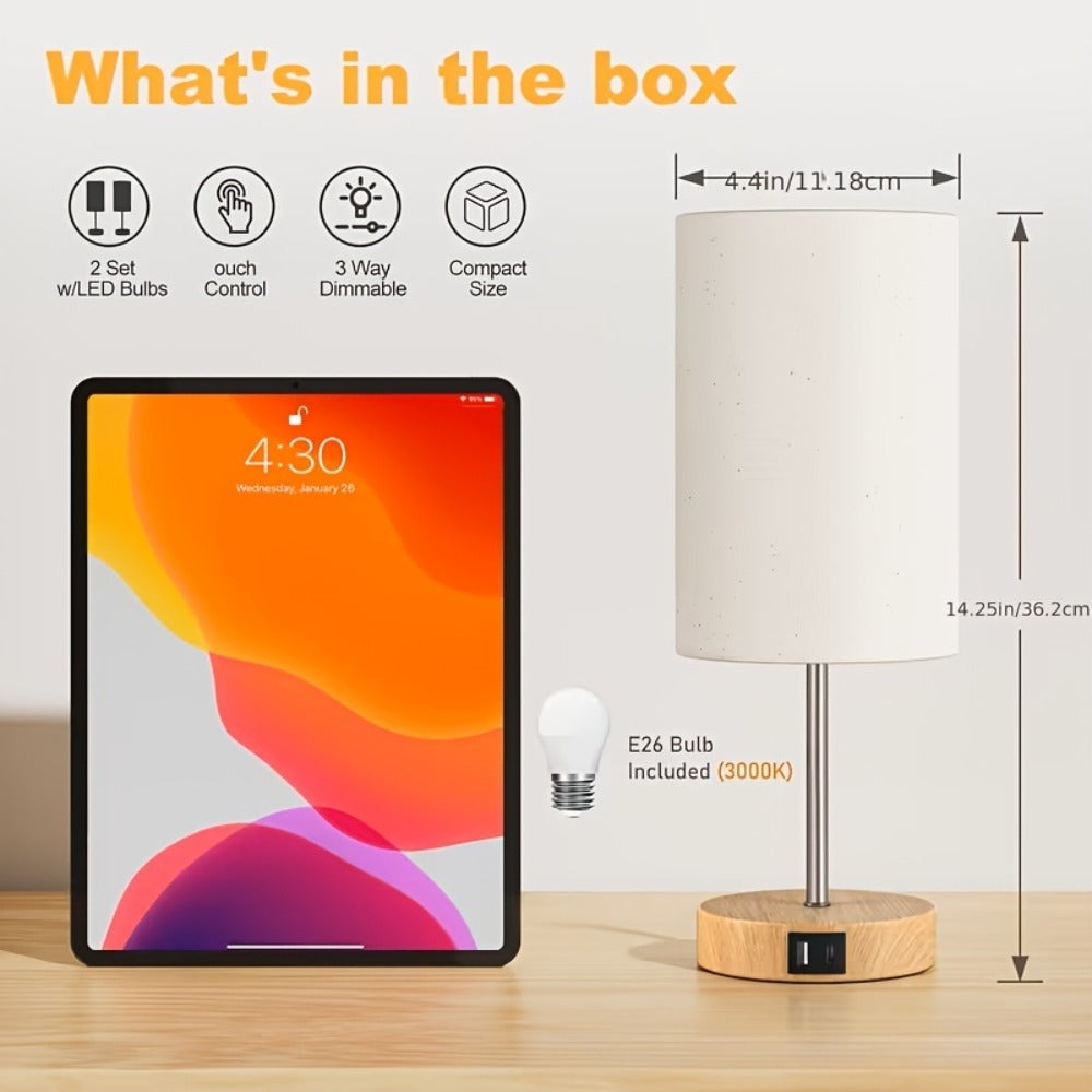 Bedside Table Lamp with USB-C Charging Port ¨C 3-Way Dimmable Touch Lamp, Wood Base Round Burlap Shade, Small Nightstand Desk Light with AC Outlet & A19 LED Bulb Included for Bedroom Living Room Office