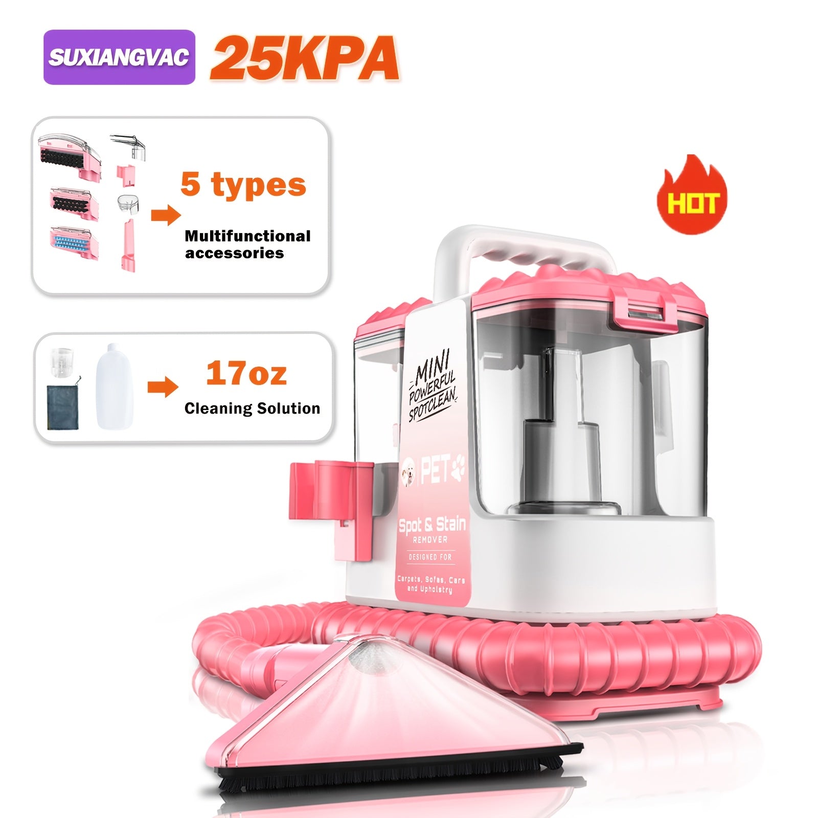Portable Carpet Cleaner 25Kpa Upholstery Cleaner Machine with Dual Brush Heads Self-Cleaning Pet Stain Remover for Sofa Couch Car Seat Rug Mattress Spot Cleaner