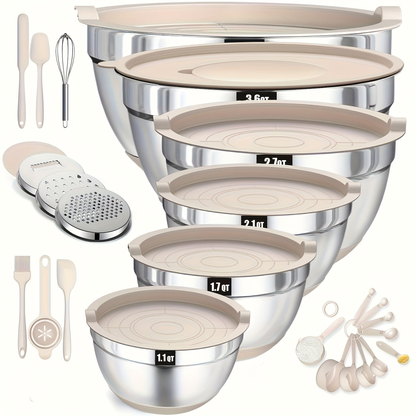Stainless Steel Mixing Bowl Set 26pcs with 6 Bowls 20 Kitchen Tools Anti-Slip Bottom Multiple Sizes for Baking Cooking Meal Prep Storage