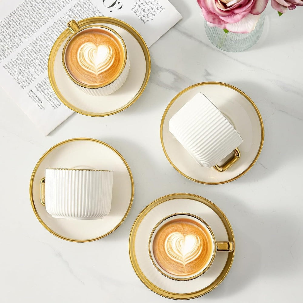 Ceramic Cappuccino Cups with Saucers Set of 6 ¨C 8oz Coffee Mugs with Golden Trim, Latte Art Cups for Espresso Mocha, British Italian Style Caf¨¦ Cups and Saucer Sets for Home Kitchen