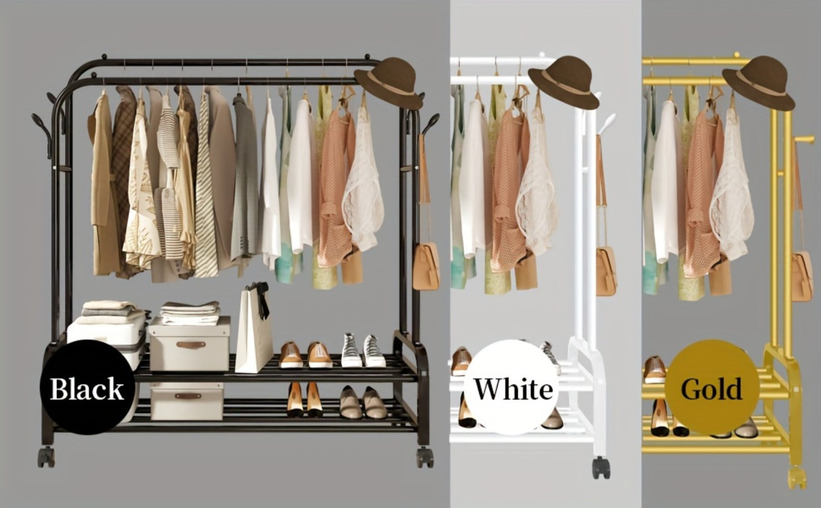 Double Rod Clothes Rack with Wheels Metal Heavy Duty Garment Rack with Shelves and Hooks Portable Closet Organizer for Bedroom Living Room Gold