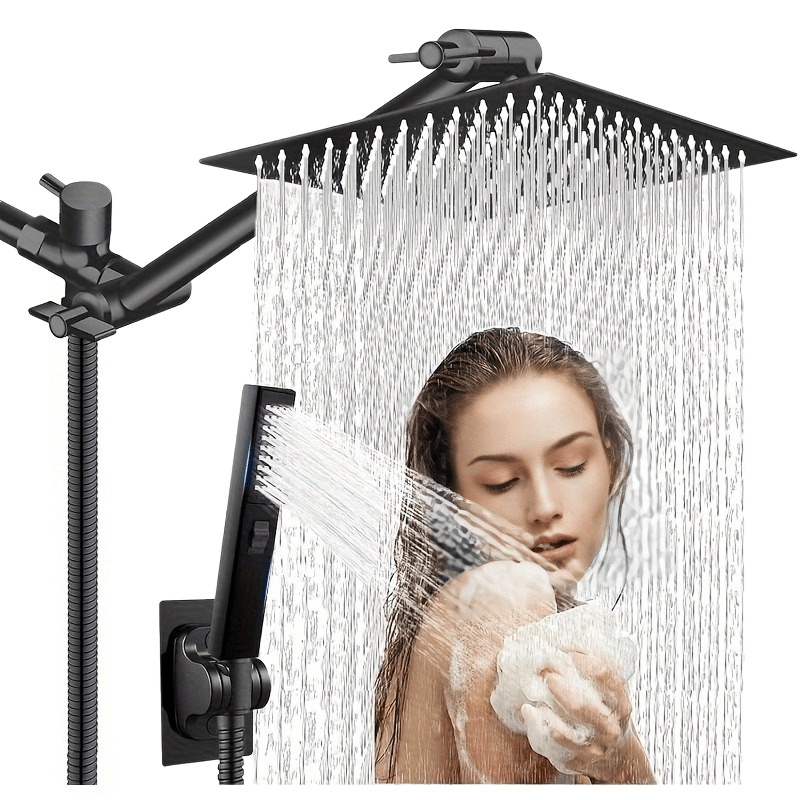 High Pressure Rainfall Shower Head Handheld Combo 4-Spray Modes 10 12 Inch Adjustable Extension Arm 78-Inch Hose Adhesive Holder Wall Mount Chrome Black Bathroom