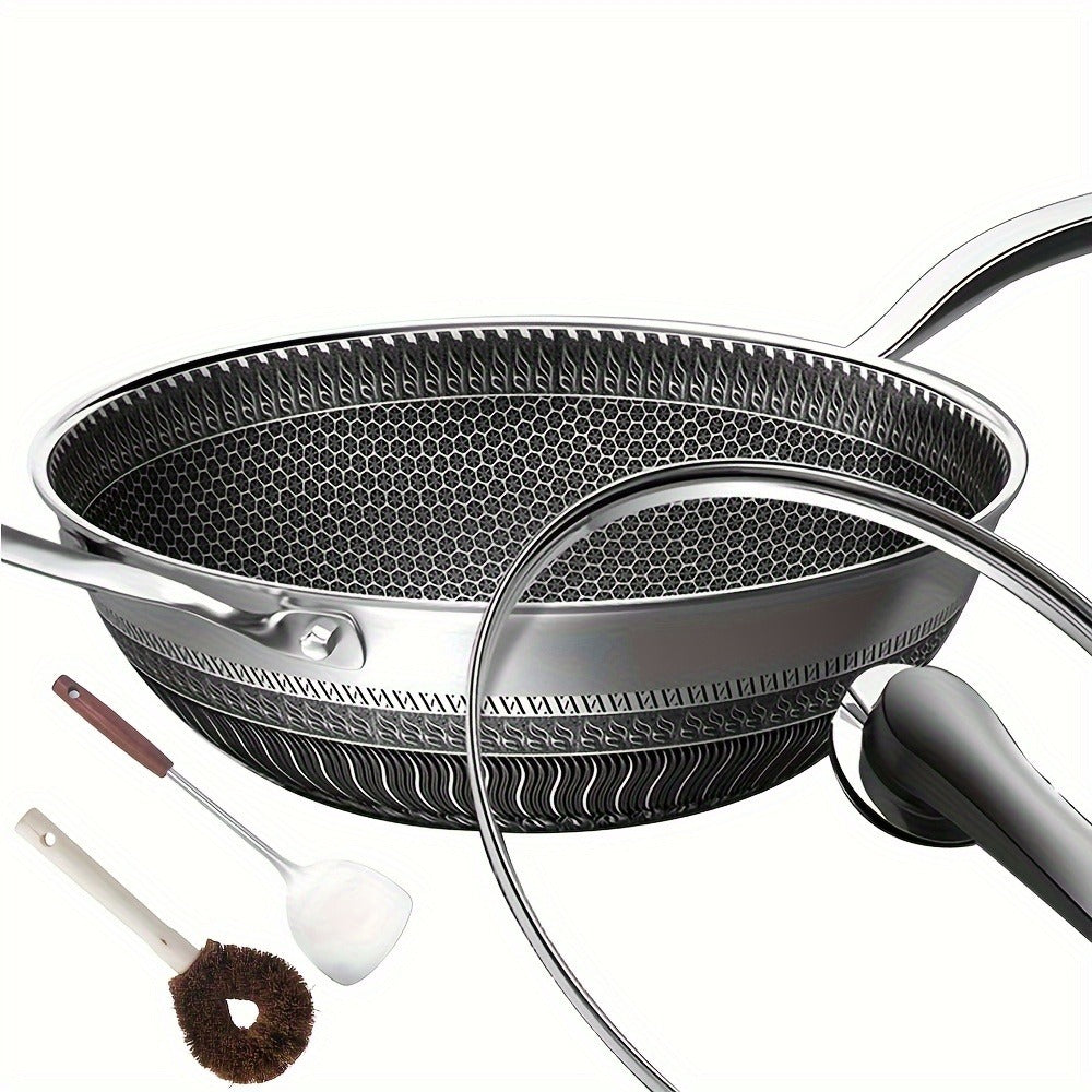 Stainless Steel Wok 13.3 Inch Honeycomb Non-Stick with Lid Spatula & Pot Brush ¨C All Cooktop Compatible Stir Fry Pan | Induction Gas Electric Ceramic | Complete Kitchen Wok Set Cooking Accessories