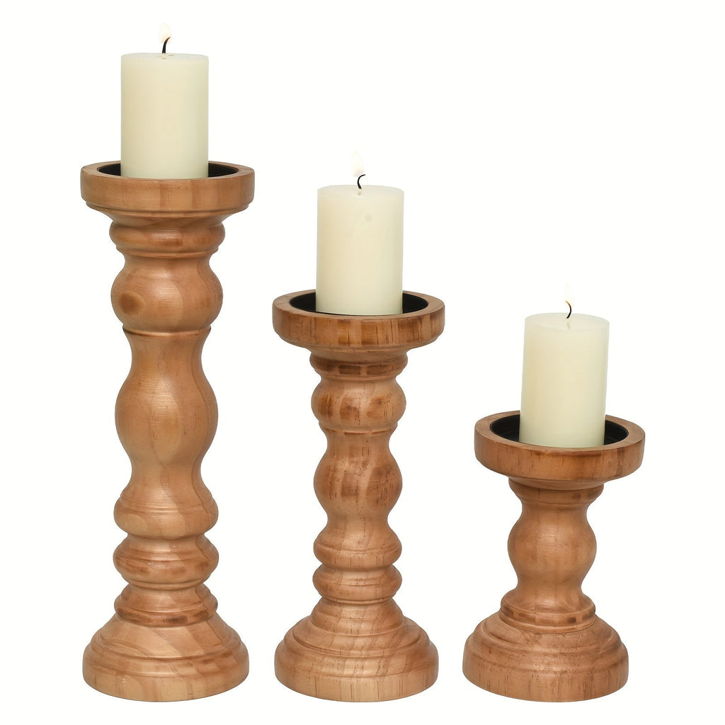 Wood Pillar Candle Holder Set of 3 - Farmhouse Rustic Wooden Candlestick Holders for Pillar Candles, Tiered Tray Decor, Table Centerpiece, Mantel Shelf Home Decor, White Black Brown