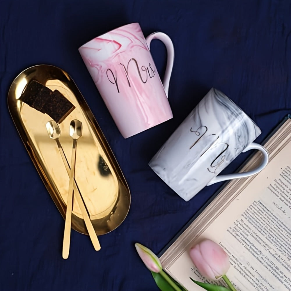 Mr and Mrs Mugs Wedding Gift Set 14oz Ceramic Marble ¨C Bride and Groom Couples Mugs | Bridal Shower Engagement Anniversary Gift | Reusable Grey Pink Couple Coffee Mugs