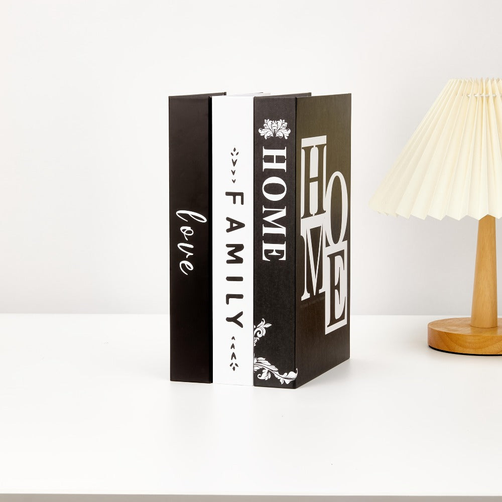 Decorative Book Set 3pcs Fake Books with HOME FAMILY LOVE Design - Elegant Black Minimalist Faux Books for Shelf Decor Living Room Coffee Table Home Soft Decoration Modern Interior