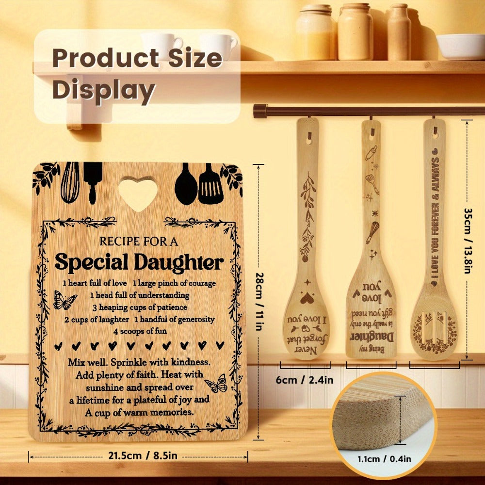 Engraved Bamboo Cutting Board Gift Set for Daughter, Recipe for a Special Daughter Kitchen Utensil Set, Personalized Birthday Christmas Gifts for Daughter from Mom Dad, Unique Sentimental Kitchen Gift