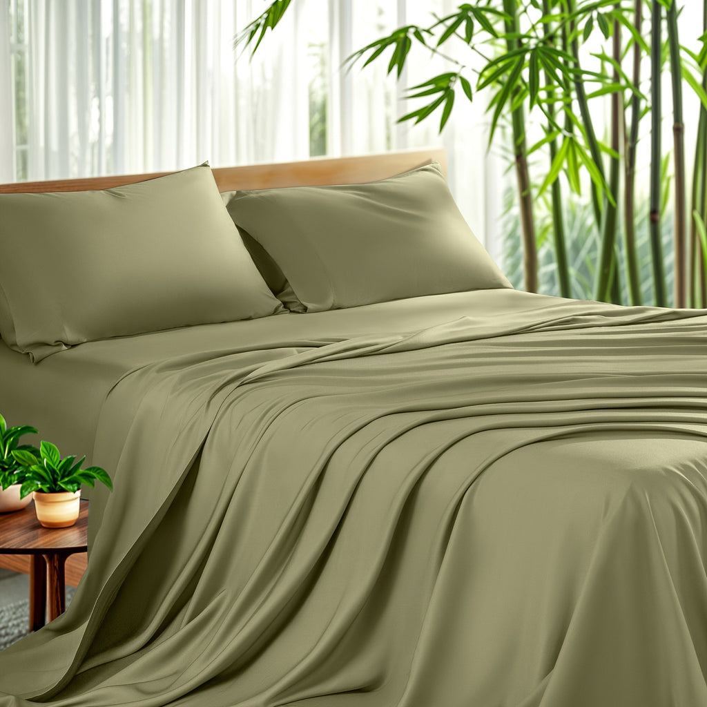 Bamboo Sheet Set 4pcs Cooling Deep Pocket Wrinkle Resistant Bedding All-Season Fitted Flat Sheet 2 Pillowcases Gift Box