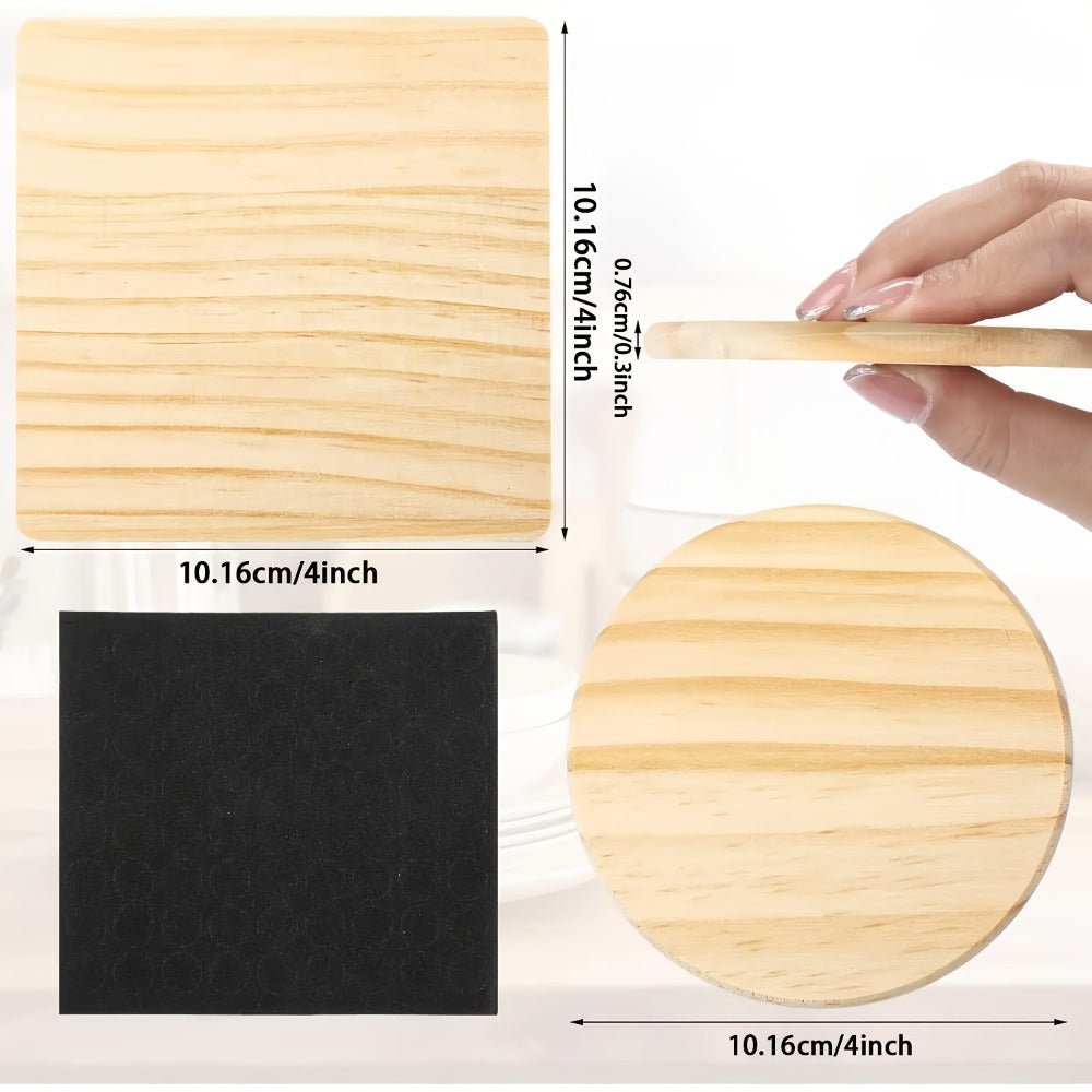 Unfinished Wood Coasters for Crafts 4 Inch Square and Round Wooden Coasters with Non-Slip Pad for DIY Engraving Staining Painting Drinks Coffee Table Home Kitchen 30 or 60pcs