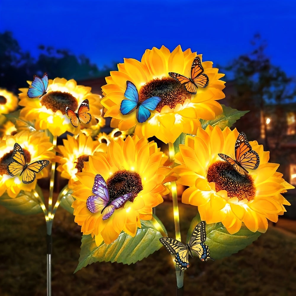 Solar Sunflower Garden Stake Lights 4 Pack | 12 Lifelike LED Flowers IP44 Waterproof Auto On Off | Floral Path Lighting for Patio Yard Porch with 8 Clip-On Butterfly Accessories