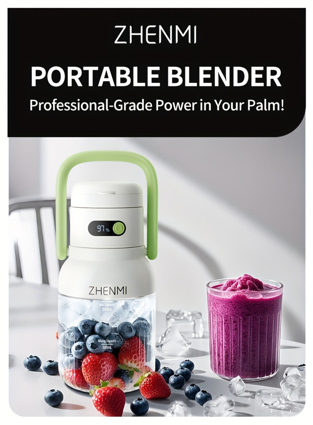 Cordless Portable Blender 33oz USB Rechargeable - Ice Crushing Blender for Smoothies & Shakes, Wireless Personal Blender for Travel Gym Office, BPA-Free, Green Purple Pink
