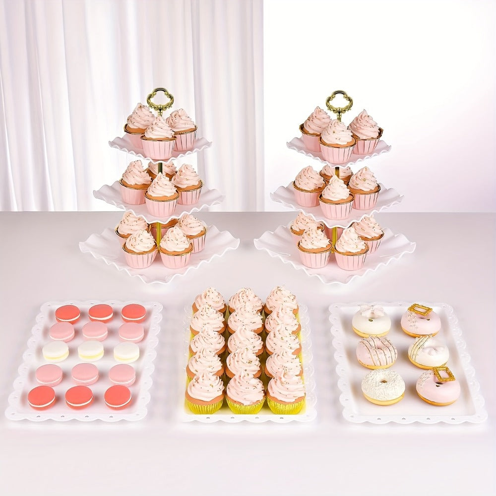 Cake Stand Set 5 Piece ¨C 2 Square Three-Tier Cupcake Stands & 3 Appetizer Trays for Birthday, Baby Shower, Bridal Shower, Christmas, Halloween Party Dessert Display