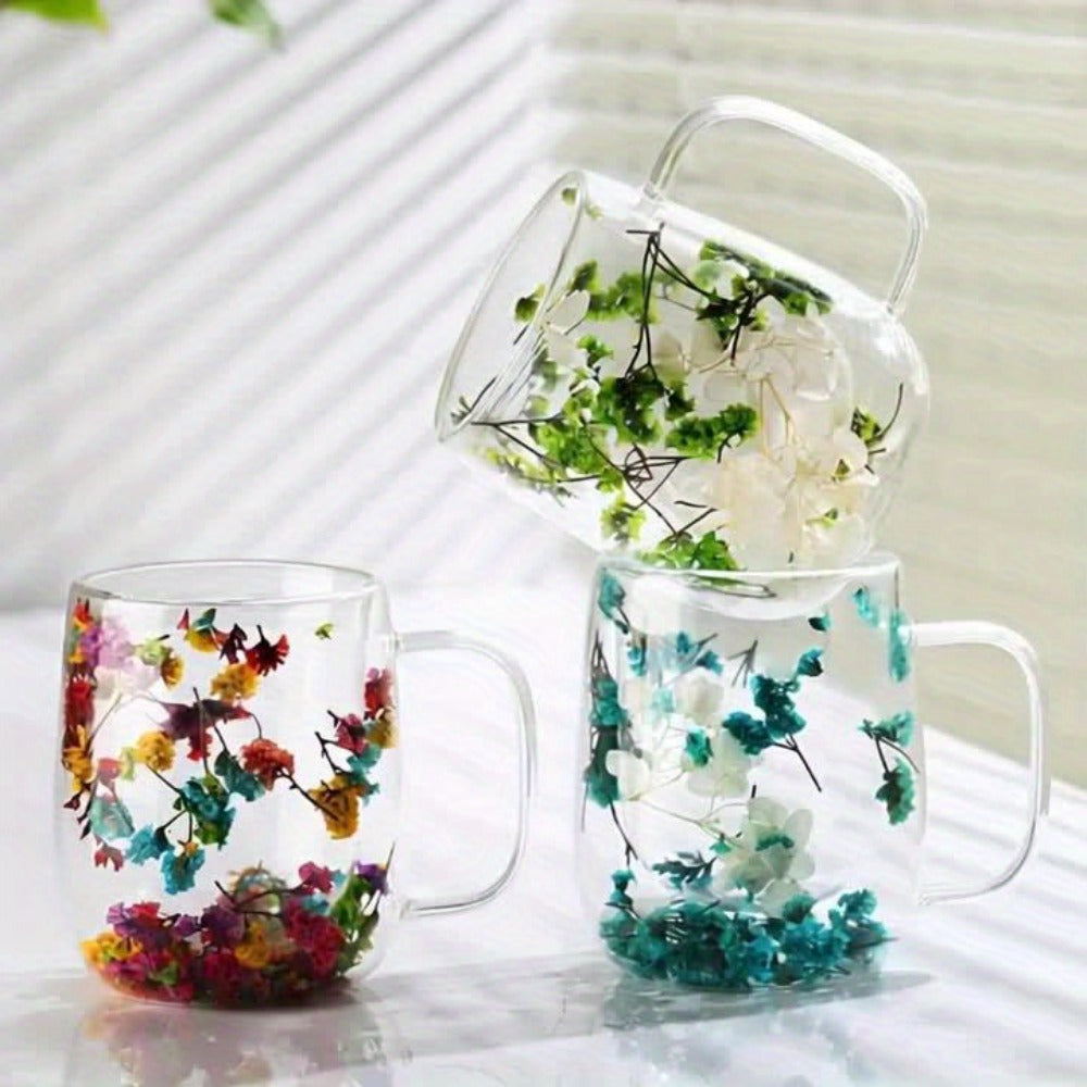 Double Wall Glass Coffee Cups with Handle Set of 4 ¨C Borosilicate Thermal Mugs for Latte Cappuccino Tea | Dried Flower & Petal Design Transparent Drinkware for Office Home Gifts