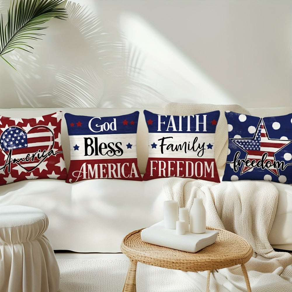 Patriotic Throw Pillow Covers 4pcs Set American Flag USA Freedom Memorial Day Decorative Cushion Covers for Sofa Living Room Outdoor Farmhouse Home Decor 18x18in Polyester No Insert
