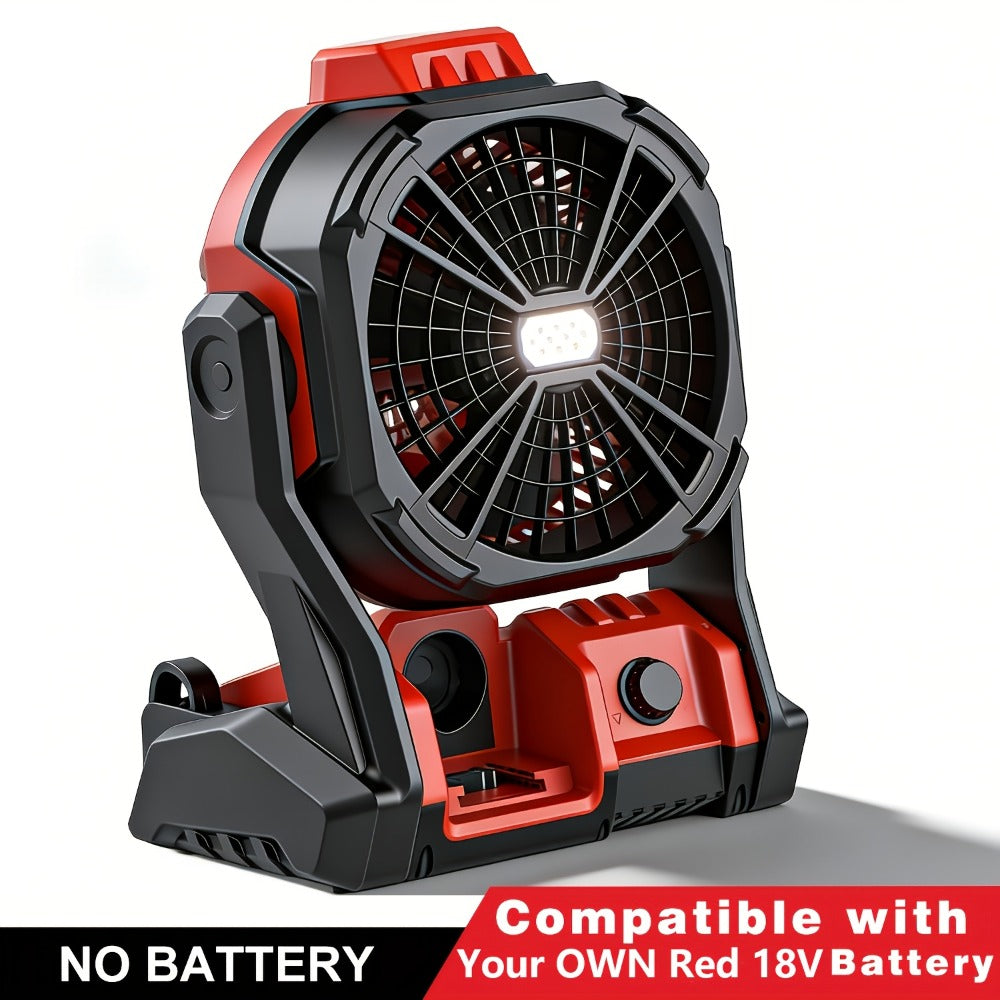 18V Battery Operated Cordless Fan Compatible with Milwaukee M18 Red Battery LED Light Variable Speed 180 Degree Tilt Hook for Hanging Camping Job Site Fan Red Battery Not Included