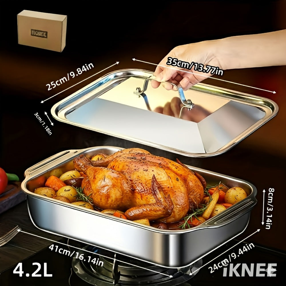 Stainless Steel Baking Pan Set 4-Piece ¨C 2 Deep Roasting Pans & 2 Lidded Pans with Handles, 6-Liter Large Capacity 16.14¡± Rectangular Baking Pans for Lasagna, Fish, Chicken & Roasting ¨C Dishwasher Safe