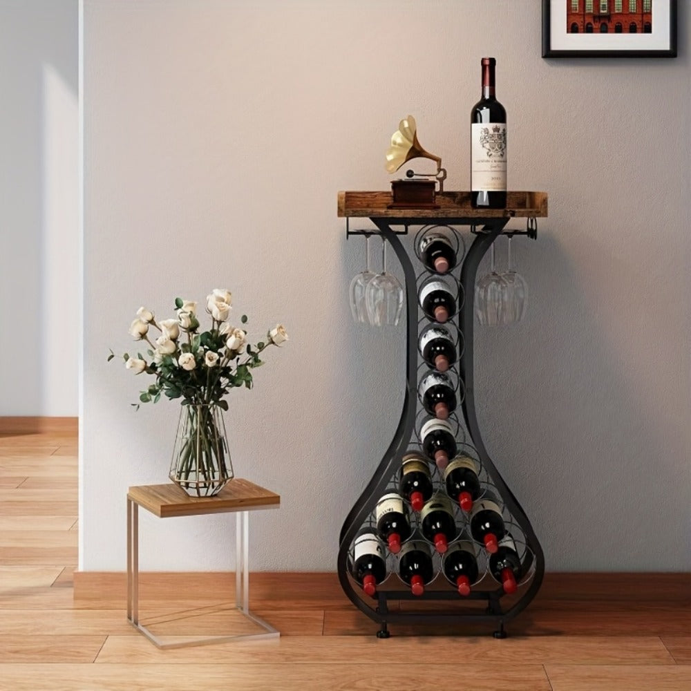 Freestanding Wine Rack Floor 14 Bottles Mini Bar Table Stand Liquor Cabinet with Glass Holder Wood Tabletop Wine Storage for Home Bar Kitchen Living Room Black