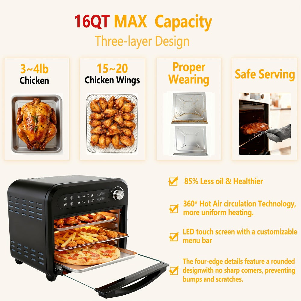 Air Fryer Toaster Oven Combo 15QT Extra Large, 360¡ã Convection, LED Digital Display, Precise Temperature Control ¨C Stainless Steel Interior, 5 Accessories, Healthy Low-Oil Cooking for Family Kitchen