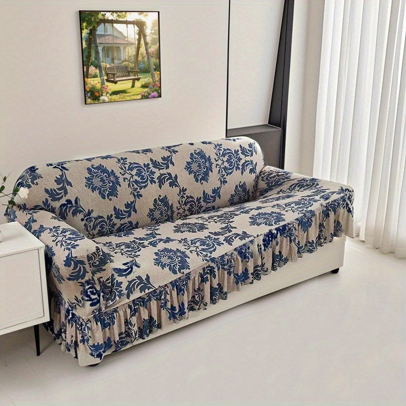 Stretch Sofa Cover Slipcover High-Stretch Fabric Ruffle Skirt Non-Slip Rod All-Season Snug Fit for 1 2 3 4 Seater Couch ¡ª Dark Blue with Pillow Cover