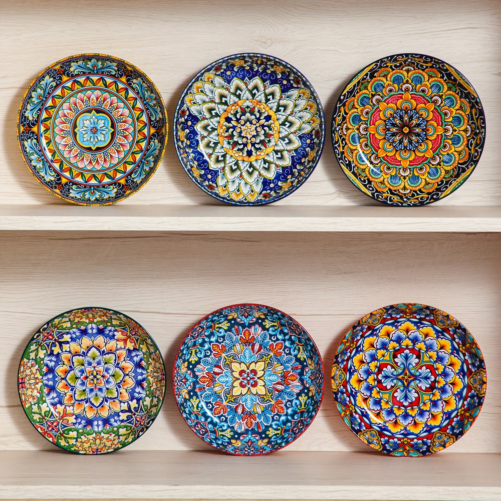 Bohemian Pasta Bowls Set of 6 | 32 Oz Porcelain, Floral Pattern, Microwave & Dishwasher Safe ¨C VANCASSO