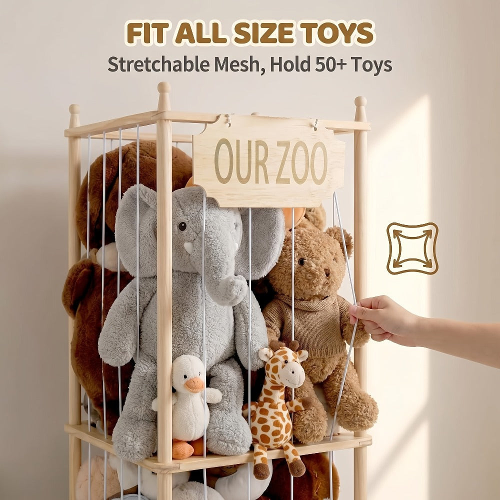 Stuffed Animal Storage Tower Wooden Zoo Cage Design Large Plush Toy Organizer Holder for Kids Playroom Bedroom No-Tool Assembly Boys Girls Gift
