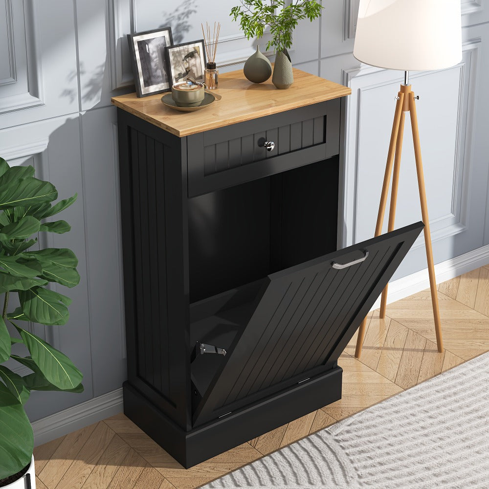 Tilt Out Trash Cabinet Freestanding Kitchen Garbage Cabinet with Cutting Board & Drawer ¨C Wood Hideaway Recycling Station, Fits 10 Gal, Black/White