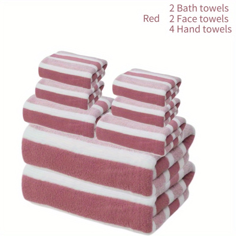 Towel Set 8 Piece Two-Color Striped - Super Absorbent Soft No Hair Loss Bath Towel Combo | 2 Bath Towels 2 Face Towels 4 Hand Towels | Grey Red Blue Green | Bathroom Family Hotel Spa Gift Set