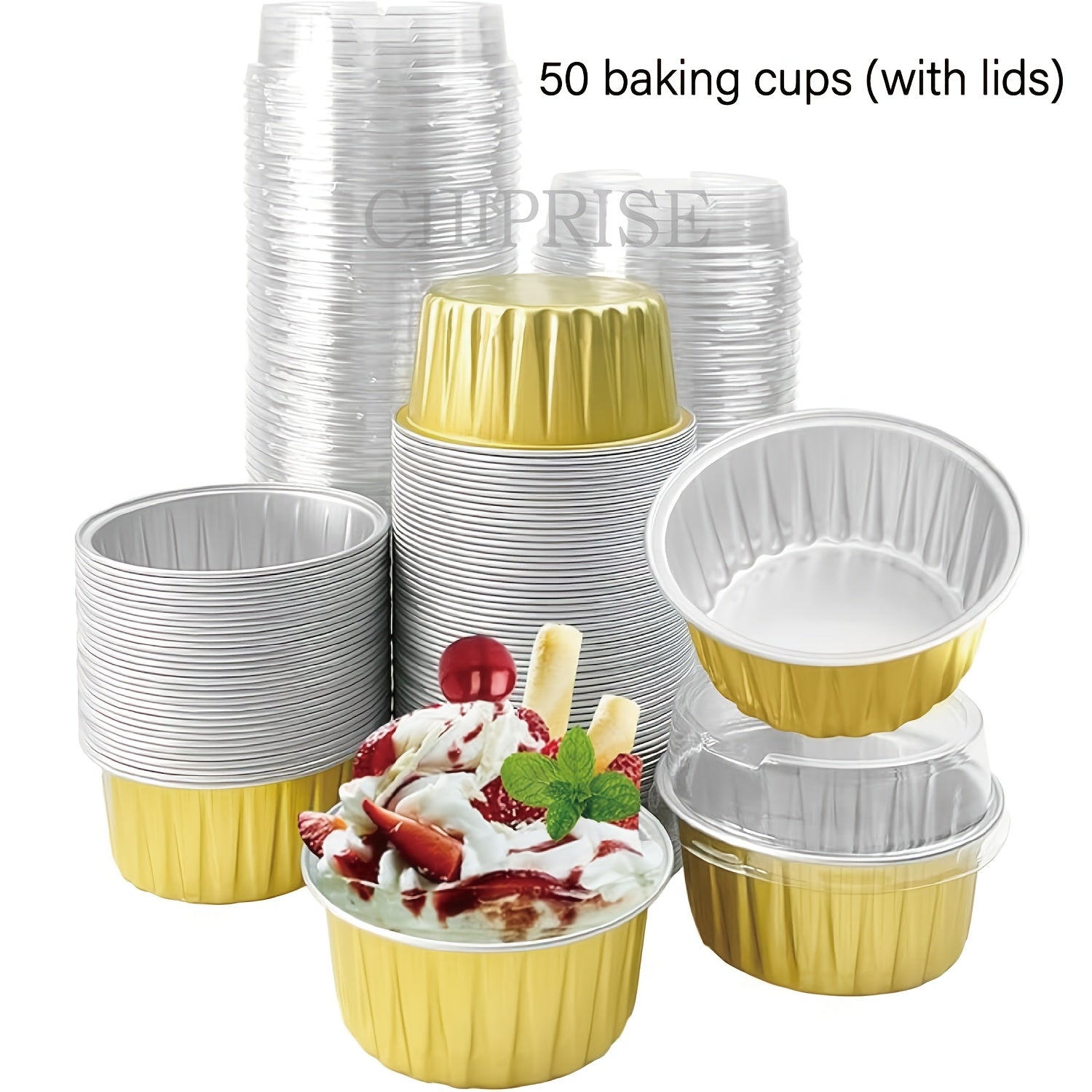 Aluminum Foil Baking Cups with Lids, Disposable Cupcake Molds with Spoons, Oven Safe Foil Dessert Cups for Pudding Muffins Mousse, Party Baking Supplies for Weddings Birthdays, 30 or 50 Sets
