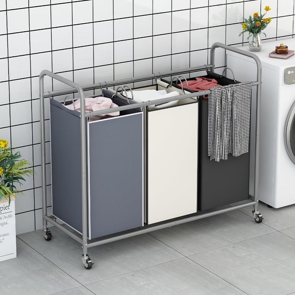 3-Bag Laundry Sorter Cart 63.4 Gallon ¨C Rolling Hamper with Lockable Wheels & Removable Bags, Heavy-Duty Fabric Laundry Basket for Bedroom & Laundry Room, Black Gray Beige Brown